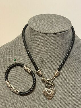 Brighton heart pendant on braided leather necklace and unbranded bracelet